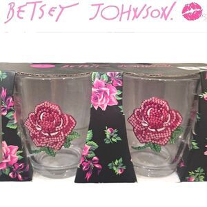 Betsey Johnson Pair Of Rhinestone Rose Glass Mugs